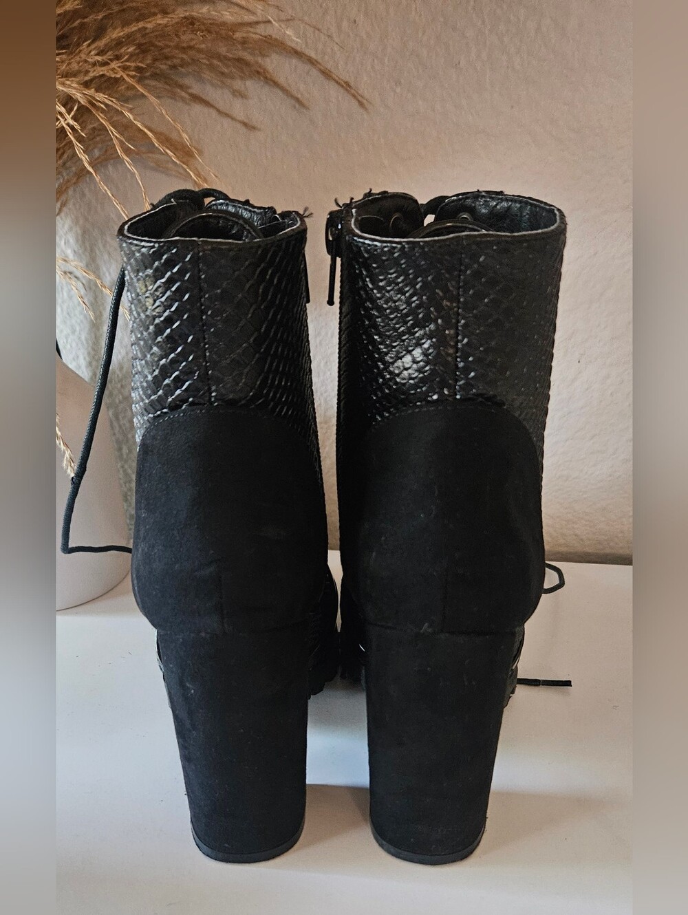Olivia Fargiano Black Patent & Suede Tie Up Boots - Picture 7 of 10